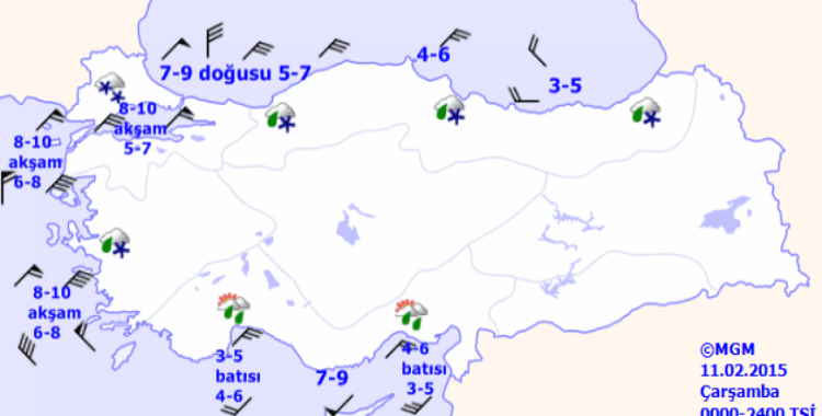 11 Şubat 2015 Üç günlük haritalı denizlerde hava tahmini