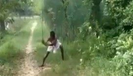 Dev yılanı yerden yere vurdu