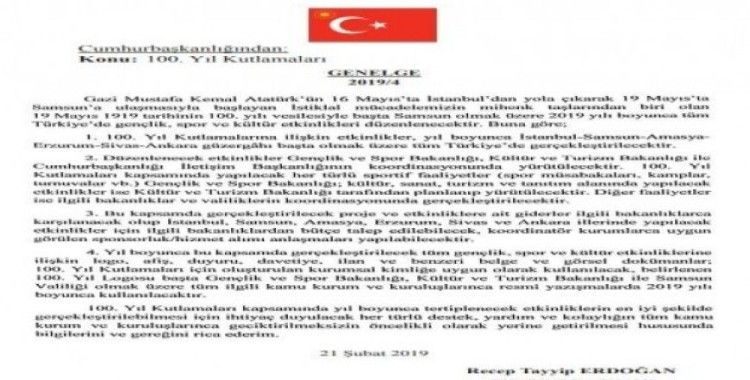 Cumhurbaşkanlığından 19 Mayıs’ın 100. yılı kutlamaları genelgesi