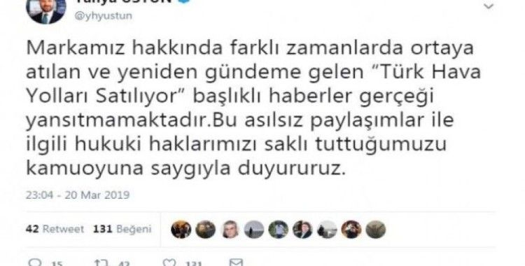 THY Basın Müşaviri Üstün, “Türk Hava Yolları Satılıyor” iddialarını yalanladı