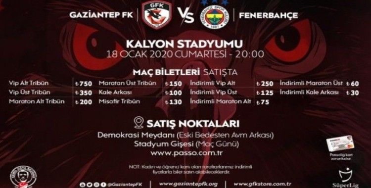 Gaziantep FK - Fenerbahçe maçı bilet satışları devam ediyor