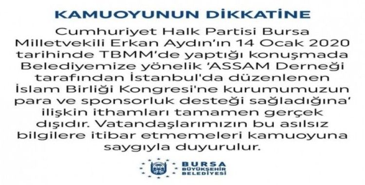 Bursa Büyükşehir Belediyesi CHP’li Aydın’ın iddialarını yalanladı