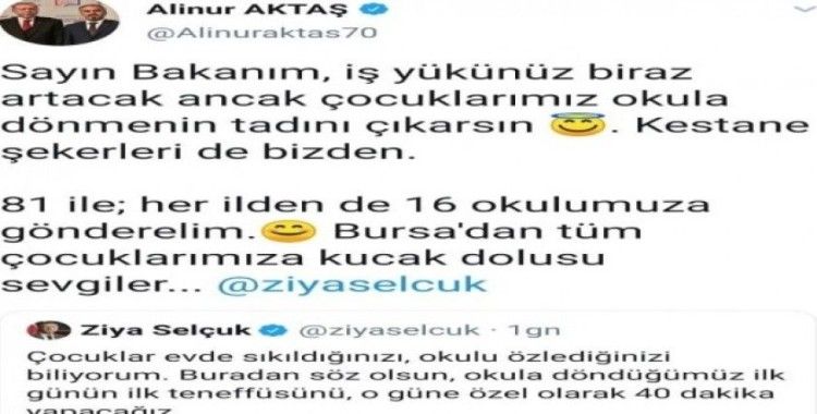 Bursa Büyükşehir Belediye Başkanı Alinur Aktaş’dan 81 ildeki 16 okula kestane şekeri