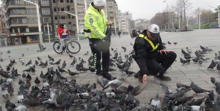 Taksim'de aç kalan güvercinleri trafik polisleri besledi