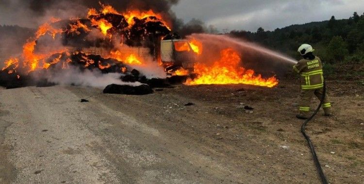 Balıkesir'de saman yüklü kamyon yangında kül oldu
