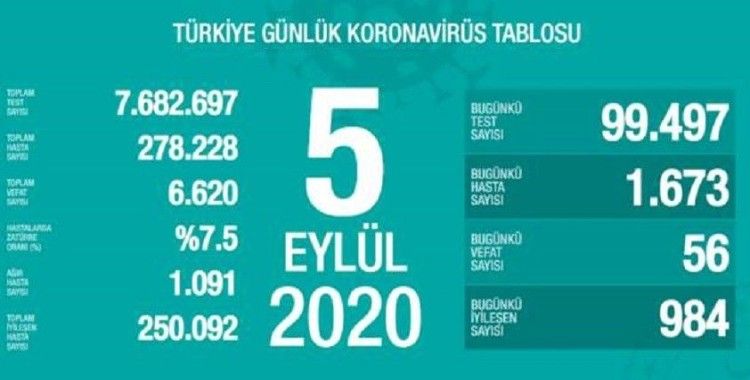 Türkiye'de son 24 saatte 1.673 yeni koronavirüs vakası tespit edildi, 56 kişi hayatını kaybetti