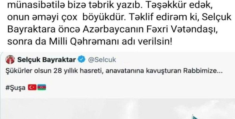 Azerbaycanlı profesör Selçuk Bayraktar’ın “Milli kahraman” ilan edilmesini istedi