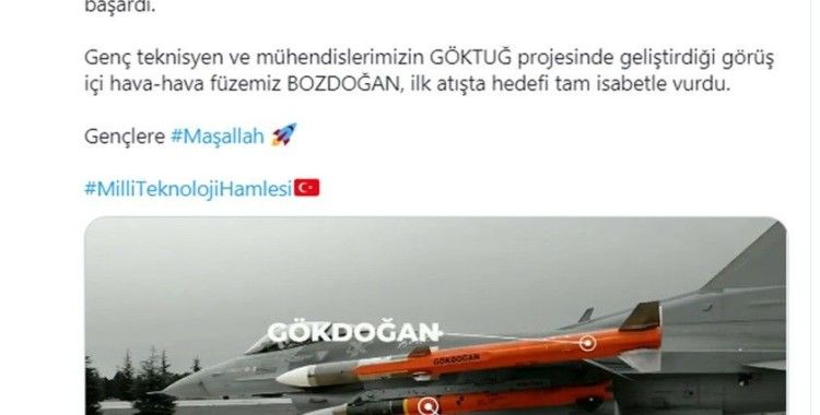 Cumhurbaşkanı Erdoğan: "Görüş içi hava-hava füzemiz BOZDOĞAN ilk atışta hedefi tam isabetle vurdu"