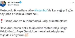 İstanbul Valisi Ali Yerlikaya sosyal medya hesabından kar yağışı ile ilgili paylaşım yaptı