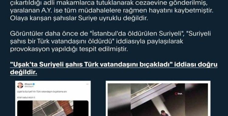 İletişim Başkanlığından Uşak’ta Suriyelilerin Türk vatandaşını bıçaklaması haberlerine yalanlama
