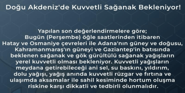 Hatay için kuvvetli yağış uyarısı