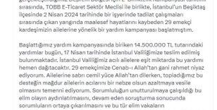 Ticaret Bakanı Bolat açıkladı: "Beşiktaş’taki yangın faciasında hayatını kaybeden 29 işçi için 14 milyon 500 bin TL toplandı"
