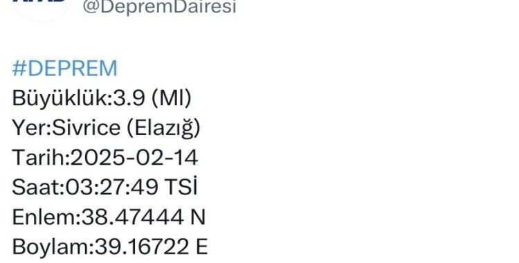 Elazığ’da 3.9 büyüklüğünde deprem

