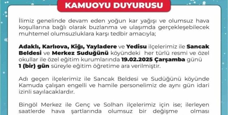 Bingöl’de okullara kar tatili
