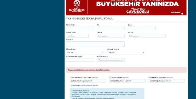 Denizli Büyükşehrin YKS adaylarına sınav ücret desteği başvuruları başladı
