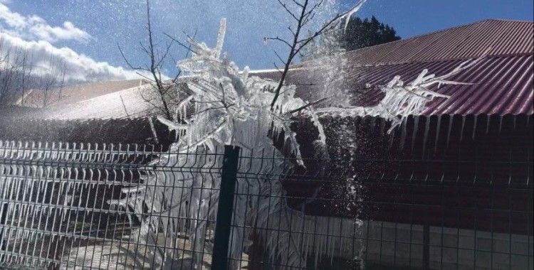 Borulardan fışkıran sular buz tuttu, ortaya ilginç görüntüler çıktı
