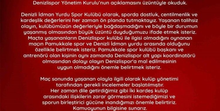 Denizli İdman Yurdu; "Olayın Denizlispor’a mal edilmesi uygun değil"
