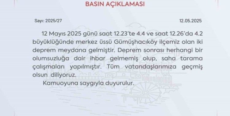Amasya Valiliği: "Deprem sonrası herhangi bir olumsuzluğa dair ihbar gelmedi"
